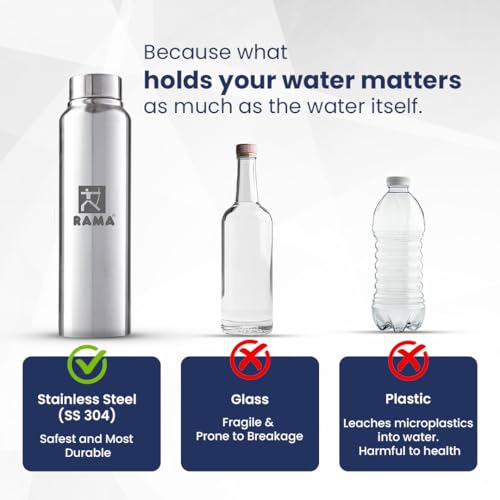 Image of RAMA Stainless Steel Water Bottle 950 ml | 304 Food-Grade Stainless Steel | Leakproof, Rust-Proof, Durable | Lightweight Single Wall Bottle | Perfect for Home, Office, School, Gym & Travel