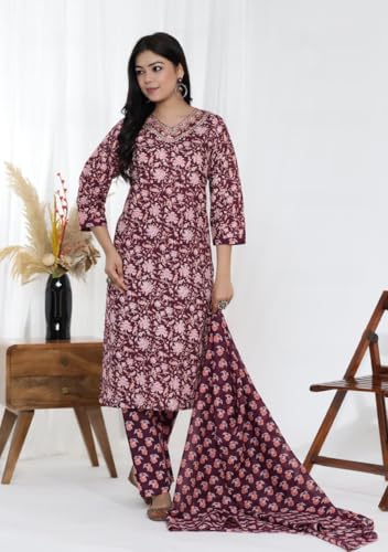 Image of Women's Cotton Floral Printed Ethnic Wear Kurta Set with Dupatta (Women-Kurti-Set)