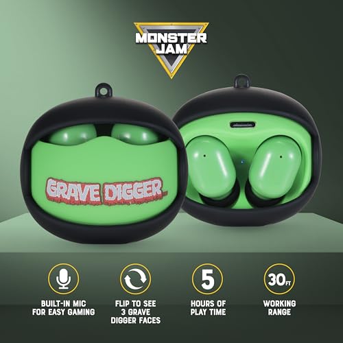 Image of Monster Jam - Wireless Earbuds, True Wireless Bluetooth Earbuds, in-Ear Headphones with Active Noise Cancelling and Charging Case (Grave Digger)
