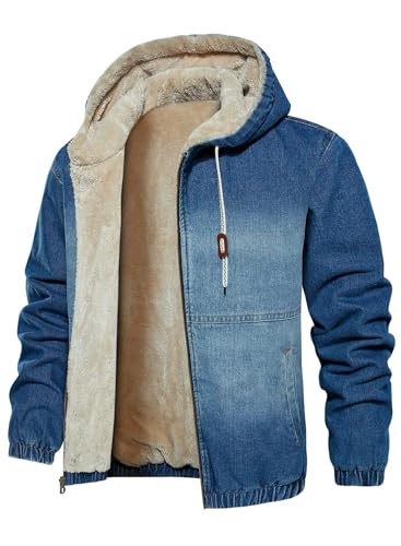 HOOD CREW Men’s Winter Jacket Thick Faux Fleece Lined Coat Fashion Denim Jackets with Hood