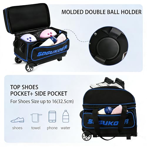image for SOGUKOER 2 ball bowling bag with wheels,Rolling Double Bowling Ball Ba