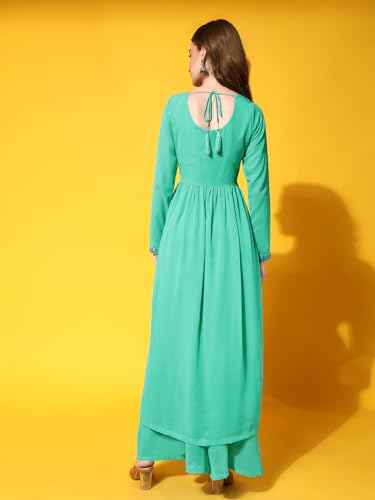 Image of PH POSHAKHUB Women A-Line Nyra Cut Kurta with Sharara in Georgette with Aari Work
