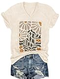 Women's Cute Flowers V-Neck T-Shirts Funny Boho Floral Graphic Tees Hawaiian Beach Vacation Shirts Summer Tops (Apricot2, L)