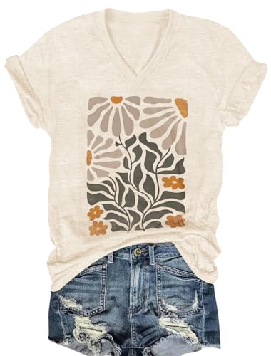 Women's Cute Flowers V-Neck T-Shirts Funny Boho Floral Graphic Tees Hawaiian Beach Vacation Shirts Summer Tops (Apricot2, L)