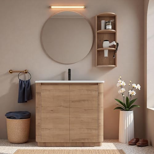 Image of 36 inch Bathroom Vanity with Ceramic Sink, Freestanding Bathroom Vanity with 2-Soft-Close Door, Semicircle Storage Rack & Inside Adjustable Shelves for Home, Farmhouse Floor Mount Vanity, Oak