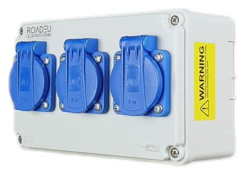 RoadEu - Caja cuadro electrico, 3 enchufes Schuko de 230V. Distribuidor de Corriente Eléctrica IP44 para uso en interiores y exteriores. Toma de pared combinada Ideal para Taller, Cobertizo y Fábricas