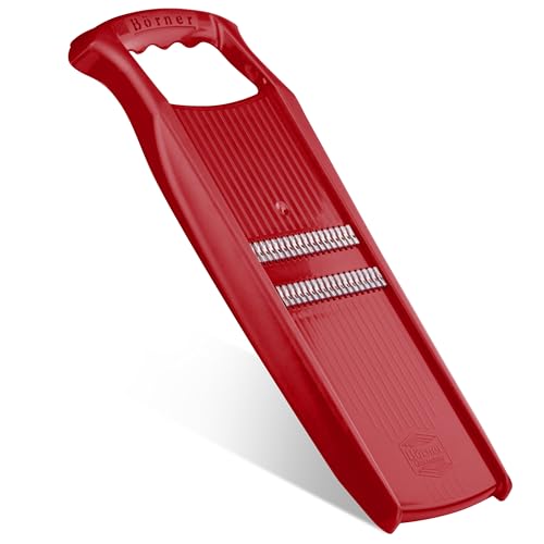 Foto von Börner Roko PowerLine Gemüseschneider • Streifenschneider für Obst & Gemüse • Julienne Schneider für feine Streifen • Gemüsehobel fein • Küchenhobel • Reibe (Rot)