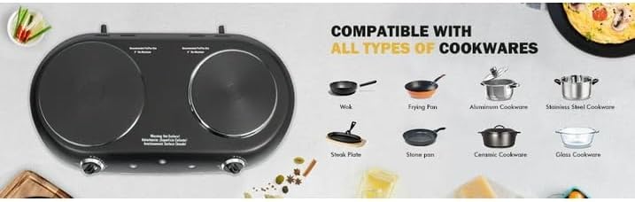 Miniatura 6 de Quemador doble de hierro fundido 1800 W - Placa eléctrica ligera - Placa eléctrica con control de temperatura - Luces indicadoras de alimentación -