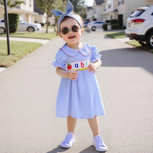 Toddler Baby Girl Back to School Outfit First Day of School Pre K Plaid Smocked Short Sleeve Dress Summer Clothes2