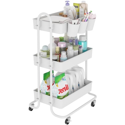 Image of Sywhitta 3-Tier Storage Rolling Utility Cart with 3 Hanging Cups, Multifunctional Storage Trolley for Kitchen,Bathroom,Living Room,Office, White