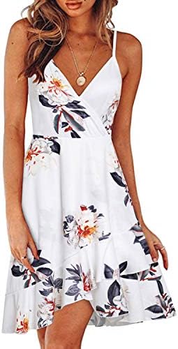 ULTRANICE Womens Summer Dresses 2023 Casual Floral Wrap V Neck Adjustable Spaghetti Ruffle Sun Wedding Guest Dress(Floral02,L)