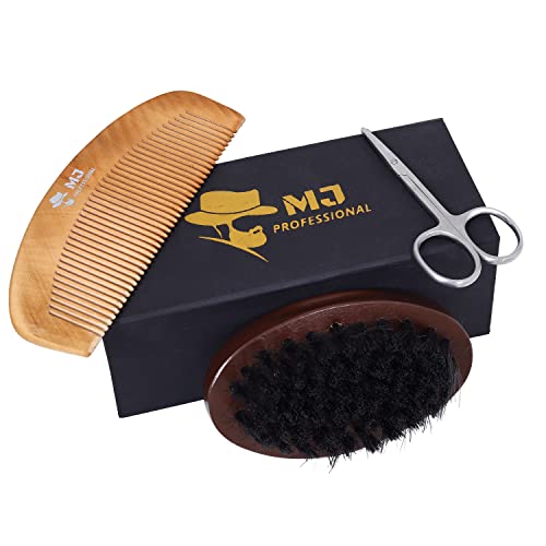 MJ Professional - Beard Brush & Comb Set for Men w/ Mustache Blunt Point Scissors | Natural Boar Bristle Brush | Great for Grooming Beards and Mustaches