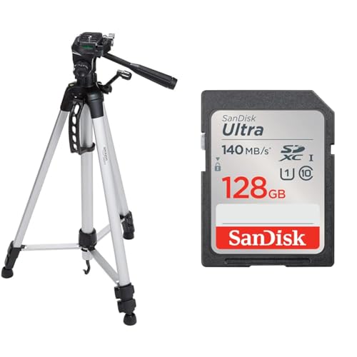 Amazon Basics 152 cm (60-Inch) Lightweight Camera, DSLR and Binocular Tripod with Bag, Black & SanDisk 128GB Ultra SDXC card up to 140 MB/s with A1 App Performance UHS-I Class 10 U1