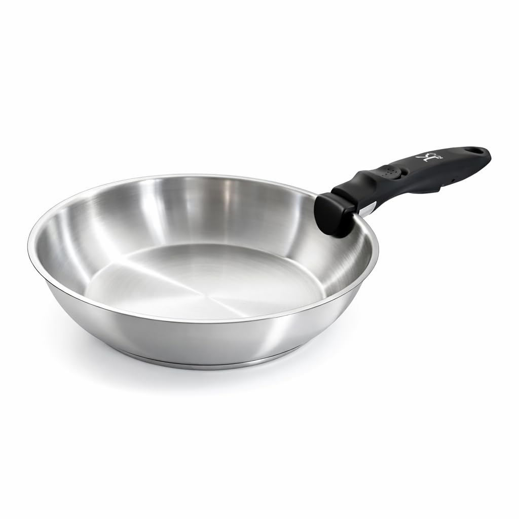 Set di 3 padelle in acciaio inox di alta qualità – induzione e forno, manico rimovibile, cucina sana, 20/24/28 cm