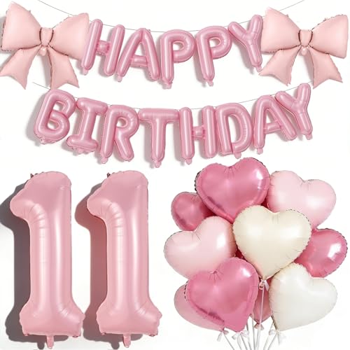 Pink Happy 11th Birthday Decorations Large Number Foil Balloon 21 Inch Pink Bow 16 Inch Happy Birthday Letter Balloons Banner with 18 Inch Heart Balloons for 11 Year Old Girls Party