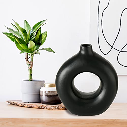 Iconic Scandi Ring Vase, Black Finished Aluminum, O-Shape, 9 Inches, Modernist Home Decor #TOP2