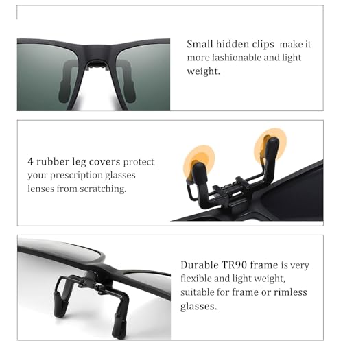 Image of Polarized Flip Up Clip On Sunglasses over Prescription Glasses for Men Women TR90 Frame Spring Clips