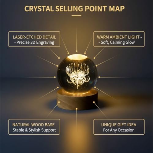 Image of 3D Red Spider Lily Crystal Ball Lamp, 60mm K9 Laser Engraved Flower Sphere with Wooden LED Base, Color-Changing Night Light Gift for Home Decor Bedroom Meditation