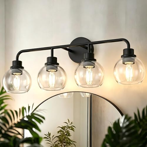 Image of DORESshop Bathroom Light Fixtures, 4-Light Black Vanity Lights Over Mirror, Wall Lamp Clear Glass for Living Room Decor Bedroom Porch Cabinet