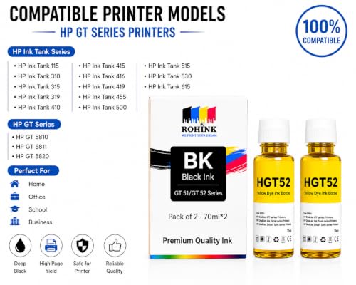 Image of ROHINK GT51 GT52 Ink Refill Dye Ink Compatible with HP Ink Tank 115, 310, 315, 319, 410, 415, 416, 419, 455, 500, 515, 530, 615, GT 5810, GT 5811, GT 5820 (HP HGT52 Yellow Pack 2)