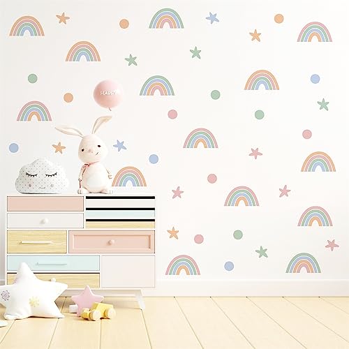 Colorful Rainbow Wall Stickers for Girls Bedroom Rainbow Wall Decal Star Wall Decals Kids Wall Stickers Vinyl Wall Sticker Peel and Stick Removable for Nursery Baby Room Living Room Decor