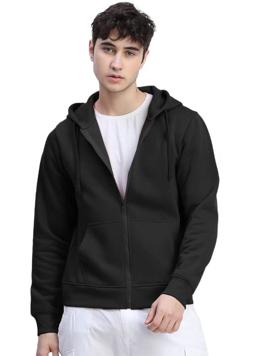 Image of LAZYCHUNKS Men's Cotton Blend Zipper Hooded Sweatshirt | Full Sleeve Hooded Neck Jacket | Regular Fit with Kangaroo Pocket | Stylish Winter Wear for Men