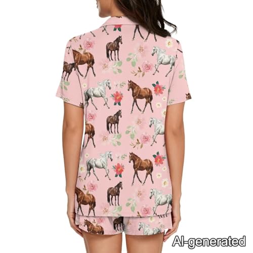 Image of Renewold Women's Short Sleeve Pajama Set Button Down Sleepwear with Notch Collar Soft Lounge Top and Shorts with Pockets