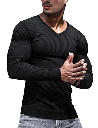 Lehmanlin Mens Slim Fit V Neck Long Sleeve Muscle T-Shirt Stretch Ribbing Undershirts Pullover Top Thermal Underwear (Black/XL)