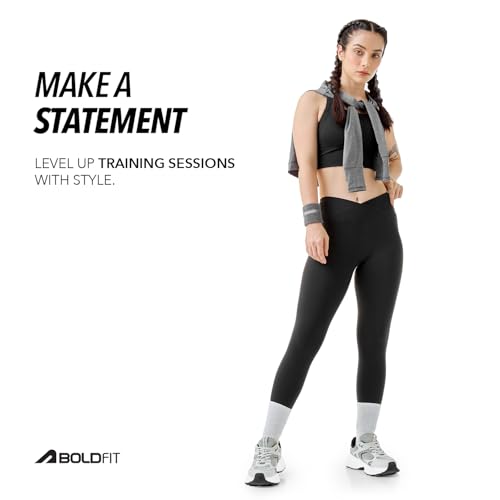 Image of Boldfit Cross-Waist Leggings for Women High-Rise Yoga Pants with Flattering Fit, Tights for Women Workout 4-Way Stretch Poly-Spandex Blend, Gusset for Mobility, Stylish Athleisure & Workout Wear