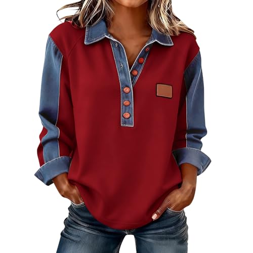 Lovraj Sudadera de manga larga para mujer, diseño de patchwork, con solapa, parte superior con botones