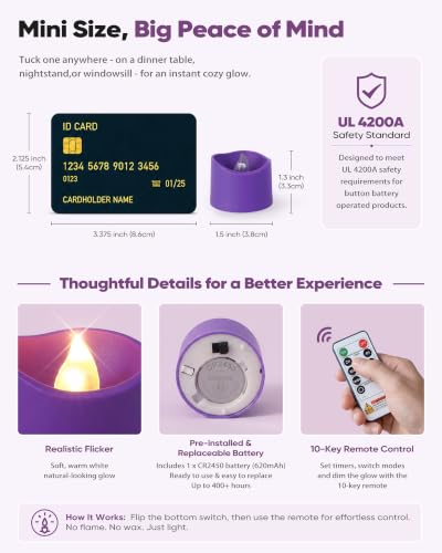 Image of Homemory 24-Pack Purple Remote Flameless Battery Tea Light Candles 400+ Hrs | 2 /4 /6 /8H Timer LED Flickering Tealight Votives for Party Ambience, Halloween Decor, Memorials and Lavender Weddings