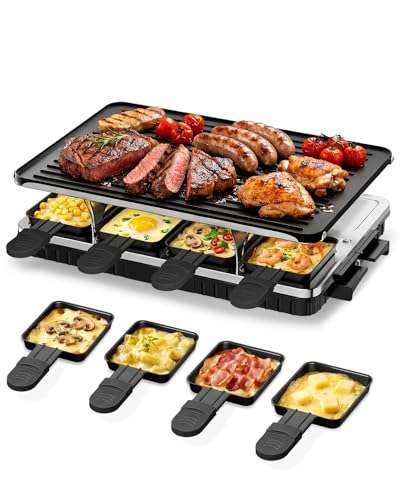 HBN Electric Raclette Table Grill with 8 Warming Trays, 2-in-1 Korean BBQ Grill & Electric Griddle Nonstick, Adjustable Temperature Control,1300W, Great for Indoor Family Gatherings, Parties & Dining