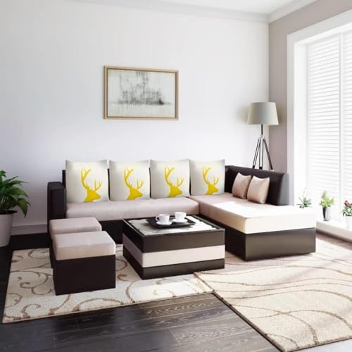 FURNY Oyster 8 Seater Fabric RHS L Shape Sofa Set with Centre Table & Puffy (Cream-Brown) FURNY Oyster 8 Seater Fabric RHS L Shape Sofa Set with Centre Table & Puffy (Cream-Brown)