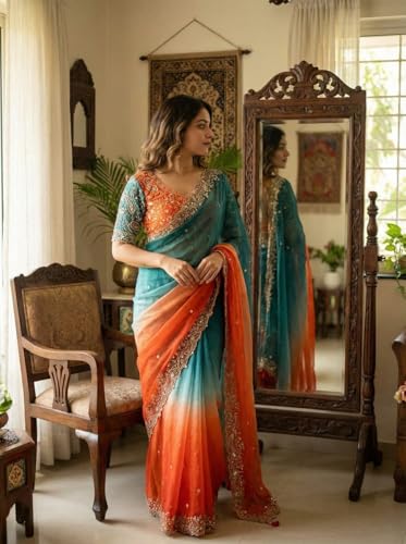 Image of Soft Fandy Satin Saree with Fancy C Pallu, Sequence Zari Work & Heavy Embroidered Stitched Blouse (Free Size)