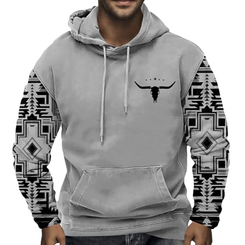 Bengbobar Men Western Hoodie Ethnic Cowboy Sweatshirt Aztec Retro Cow Skull Print Pullover Tops Casual Drawstring Sweatshirt