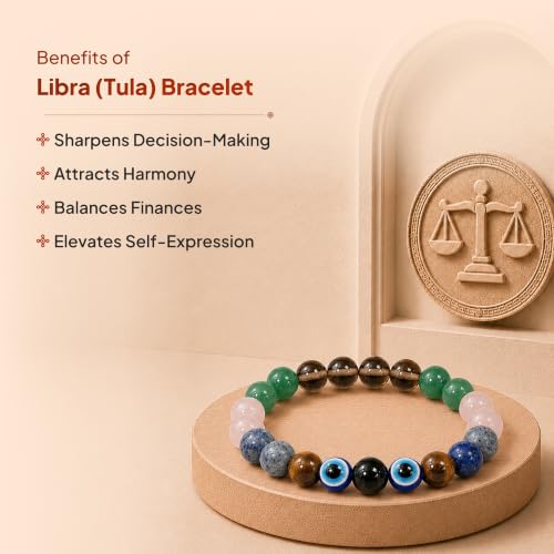 Image of Tula (Libra) Rashi Bracelet | Smoky Quartz, Green Aventurine, Rose Quartz, Lapis Lazuli, Tiger's Eye, Evil Eye | For Balance & Harmony | Stabilizes Decision Making | For Men & Women