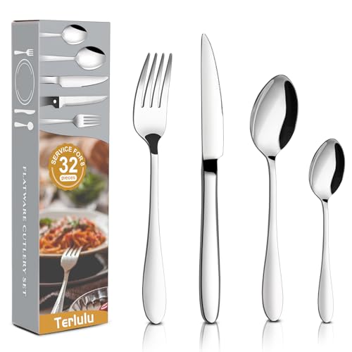 Terlulu Cutlery Set, 32 Piece Stainless Steel Flatware Set, Tableware Silverware Set with Spoon Knife and Fork Set, Mirror Polished, Dishwasher Safe - Service for 8
