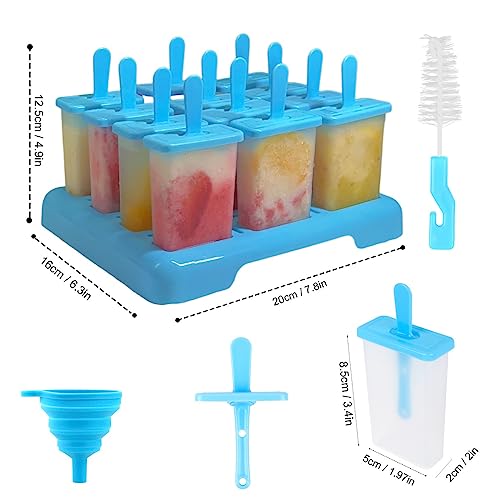 12 Cavities Popsicles Molds, Without BPA Popsicle Molds with Built-in Popsicle Stick, DIY Popsicle Molds with Cleaning Brush and Funnel