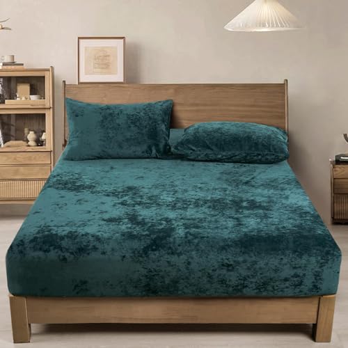 PHF Truly Velvet Fitted Sheet Only Queen Size, Luxury Super Soft Cozy Comfy Flannel Bottom Sheet with 15" Deep Pocket, Suitable for Fall Winter and Spring, No Pillowcases, Teal
