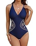 Blooming Jelly Womens Tummy Control One Piece Swimsuit V Neck Slimming Bathing Suits Cut Out Color Block Swim Suits (L,Dark Blue)
