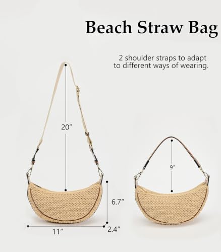 Image of Straw Crossbody Bags for Women Beach Woven Hobo Handbag Summer Chic Crescent Shoulder Purses with Adjustable Strap 2025 Khaki