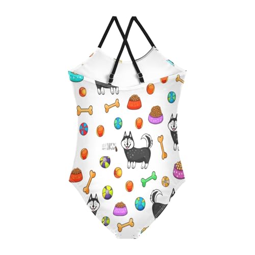 Cute Cartoon Dogs White Girls' One Piece Halter Swimsuit, Summer Beach Bathing Suit, 3-102