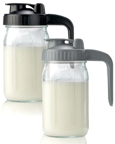 Image of 2 Pack 32oz Glass Pitcher with Lid & V-shaped Pour Spout - 1 Quart Breastmilk Pitcher Double Leak Proof, Creamer Container for Sun Tea, Juice, Cold Brew Coffee, Breastmilk Storage Container