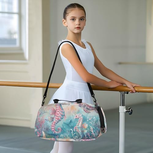 Duffle Bag for Boys or Girls with Shoes Compartment, Seahorses Turtle Watercolor Sports Travel Bag Overnight3