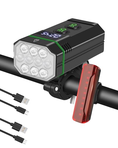 Snowalva 10 LED Bike Lights Front and Back, 8 Modes Bike Lights Set LED Display 10000 Lumens Bicycle Lights IPX6 Waterproof Bike Lights Set Rechargeable Waterproof Bicycle Lights USB Cycle Lights