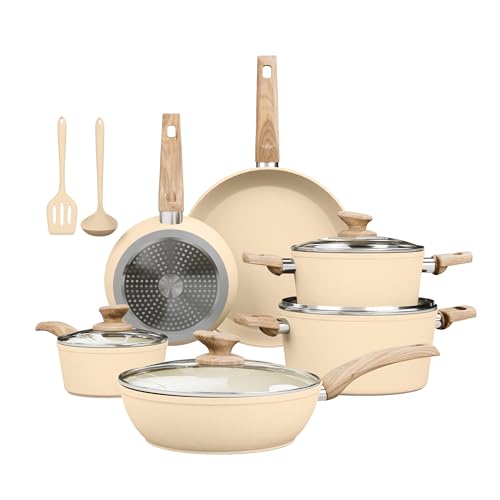 Image of Kitchen Academy Beige Pots and Pans Set Non Stick, 12Pcs Induction Cookware | Granite Nonstick Cookware Sets. Healthy kitchen cooking pan and pot. Even heating, easy to clean.100% PFOA & PFAS free.