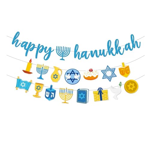 eBoutik - Set of 3 Long Hanukkah Decorations Banner Set - Blue Bunting Garland Bundle including Chanukah, Menorah and Dreidel Designs, Party Photo Backdrop For Jewish Holiday