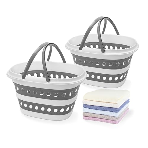 Image of 2 Pack Compact Collapsible Laundry Basket, Small Size Pop-Up Hamper Perfect for Bedroom Side,Bathroom,Travel, Not for Large Families, Foldable with Handle, Measures 16 x 12.5 x 9.5 In, (Gray)