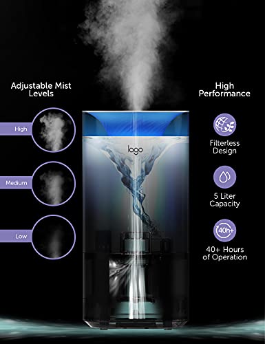 Lago Ultrasonic Cool Mist Humidifier, 5L Premium Top Fill Humidifying Unit. Whisper-Quiet Operation, Automatic Shut-Off And Night Light Function, Includes Essential Oil Tray #TOP4