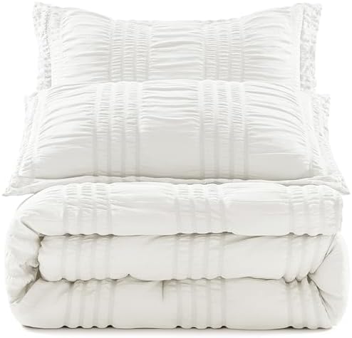 BYSURE Seersucker Quick-Dry Summer Comforter Set 3 Pieces(White, Queen), Non Plastered on Skin When Sweat, Breathable Lightweight Bedding for Hot Sleeper & Night Flashes
